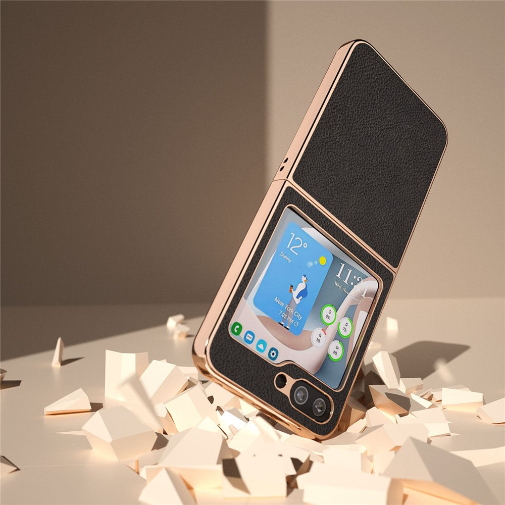 For Samsung Galaxy Z Flip5 5G Lychee Texture Phone Case Genuine Cow Leather + PC Nano Electroplating Cover