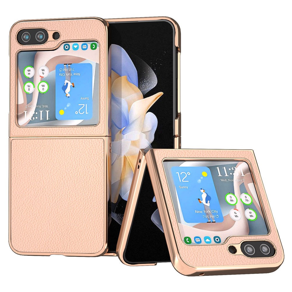 For Samsung Galaxy Z Flip5 5G Lychee Texture Phone Case Genuine Cow Leather + PC Nano Electroplating Cover