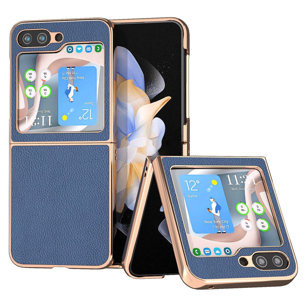For Samsung Galaxy Z Flip5 5G Lychee Texture Phone Case Genuine Cow Leather + PC Nano Electroplating Cover