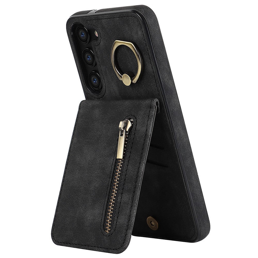 RFID Blocking Kickstand Phone Case for Samsung Galaxy S23+ Retro PU+TPU Zippered Wallet Phone Cover