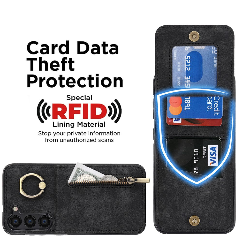 RFID Blocking Kickstand Phone Case for Samsung Galaxy S23+ Retro PU+TPU Zippered Wallet Phone Cover
