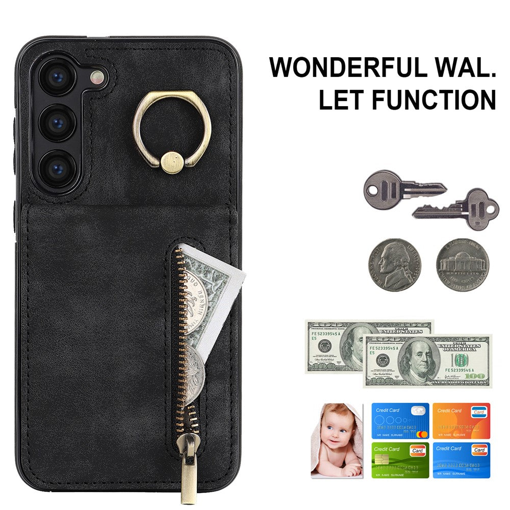 RFID Blocking Kickstand Phone Case for Samsung Galaxy S23+ Retro PU+TPU Zippered Wallet Phone Cover