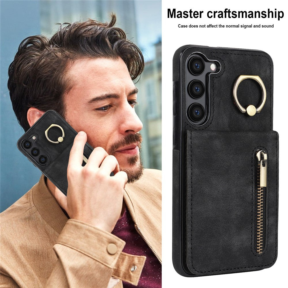 RFID Blocking Kickstand Phone Case for Samsung Galaxy S23+ Retro PU+TPU Zippered Wallet Phone Cover