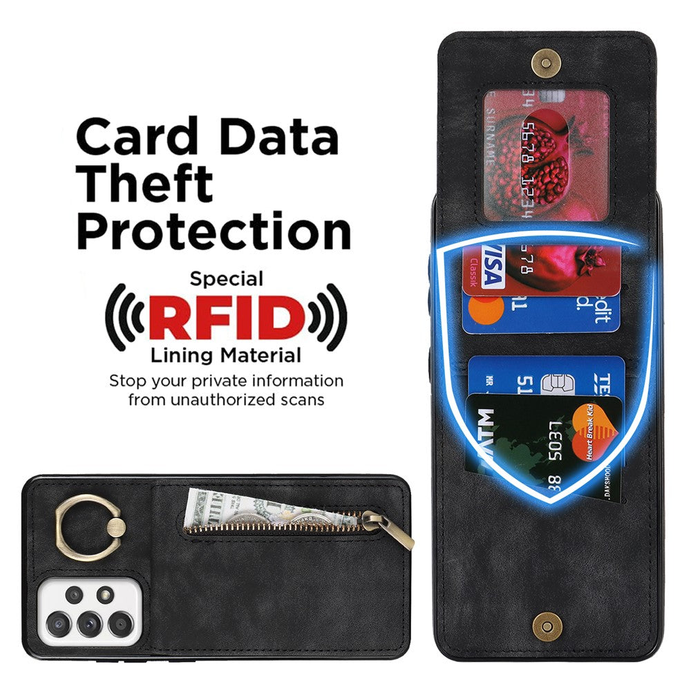 Til Samsung Galaxy A52 4G / A52 5G / A52s 5G RFID-blokerende telefonetui, anti-fald PU+TPU pungtelefoncover med støtteben