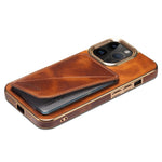 DENIOR For iPhone 12 / 12 Pro Kickstand Electroplating Case Card Holder Waxy Genuine Cow Leather Coated TPU+PC Cover