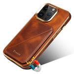 DENIOR For iPhone 12 / 12 Pro Kickstand Electroplating Case Card Holder Waxy Genuine Cow Leather Coated TPU+PC Cover