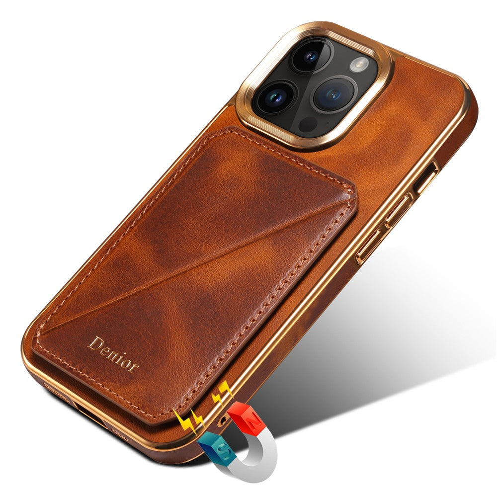 DENIOR For iPhone 12 / 12 Pro Kickstand Electroplating Case Card Holder Waxy Genuine Cow Leather Coated TPU+PC Cover