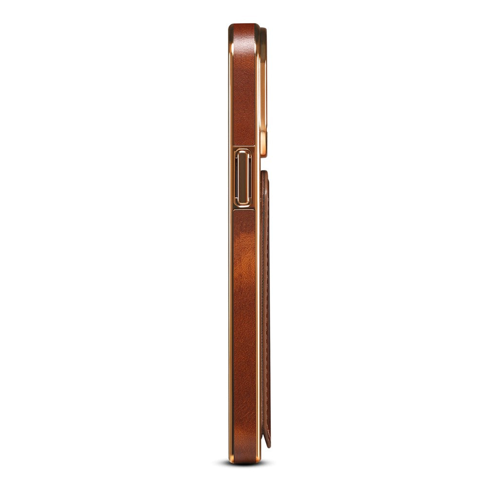 DENIOR For iPhone 12 / 12 Pro Kickstand Electroplating Case Card Holder Waxy Genuine Cow Leather Coated TPU+PC Cover