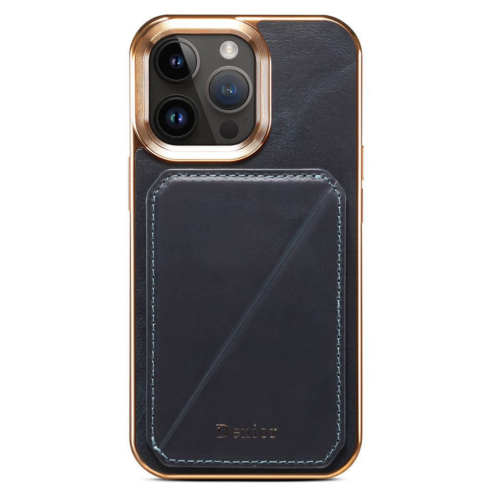 DENIOR For iPhone 12 / 12 Pro Kickstand Electroplating Case Card Holder Waxy Genuine Cow Leather Coated TPU+PC Cover