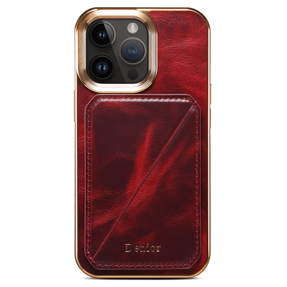 DENIOR For iPhone 12 / 12 Pro Kickstand Electroplating Case Card Holder Waxy Genuine Cow Leather Coated TPU+PC Cover