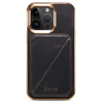 DENIOR For iPhone 12 / 12 Pro Kickstand Electroplating Case Card Holder Waxy Genuine Cow Leather Coated TPU+PC Cover