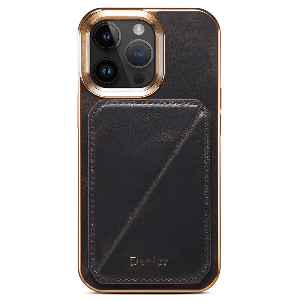 DENIOR For iPhone 12 / 12 Pro Kickstand Electroplating Case Card Holder Waxy Genuine Cow Leather Coated TPU+PC Cover