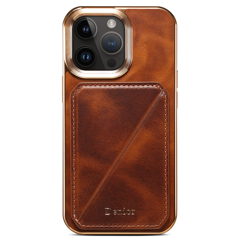 DENIOR til iPhone 12 Pro Max Kortholder Kickstand Telefoncover Vokset Ægte Kødelæderbelagt TPU+PC Elektropletteret Etui