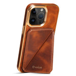 DENIOR til iPhone 12 Pro Max Kortholder Kickstand Telefoncover Vokset Ægte Kødelæderbelagt TPU+PC Elektropletteret Etui