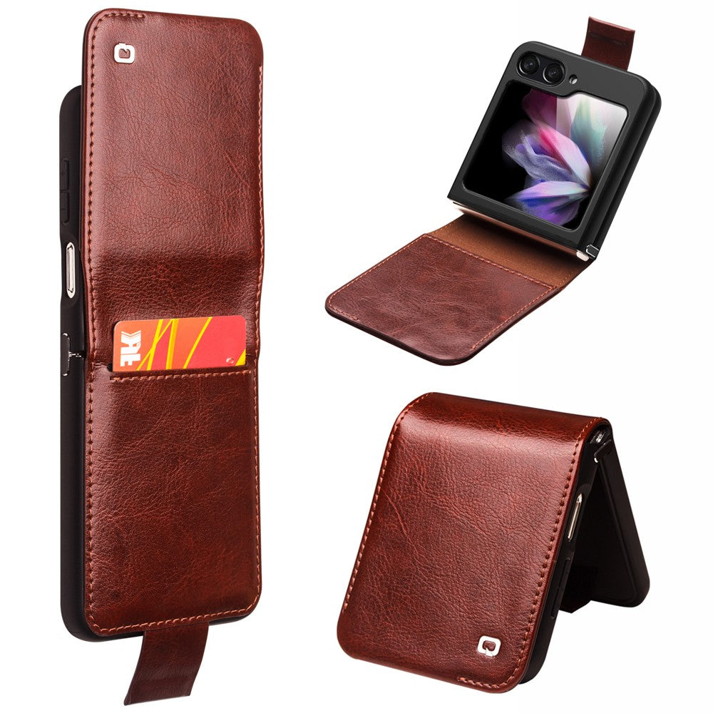 QIALINO ægte koskindslæder + PC-mobilcover til Samsung Galaxy Z Flip5 5G, kortholder, slim fit-etui