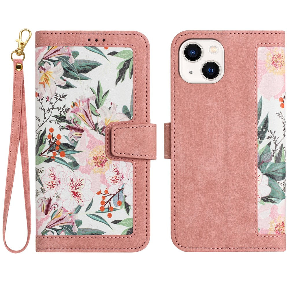 Card Slots Stand Phone Cover for iPhone 15 Plus, Flower Pattern Printing PU Leather Phone Case