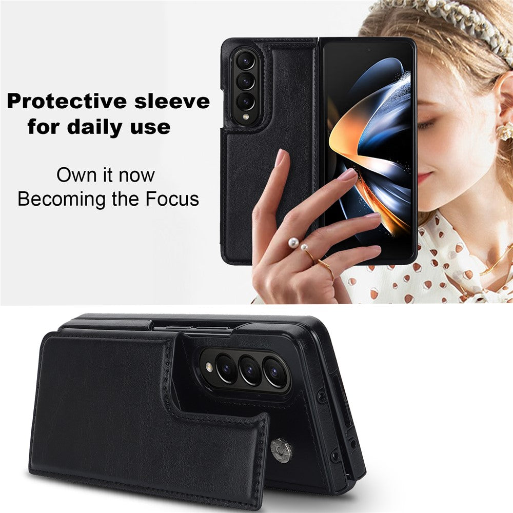 ZD018 Card Holder Phone Case for Samsung Galaxy Z Fold4 5G, PU Leather+PC Kickstand Double Magnetic Clasp Cover