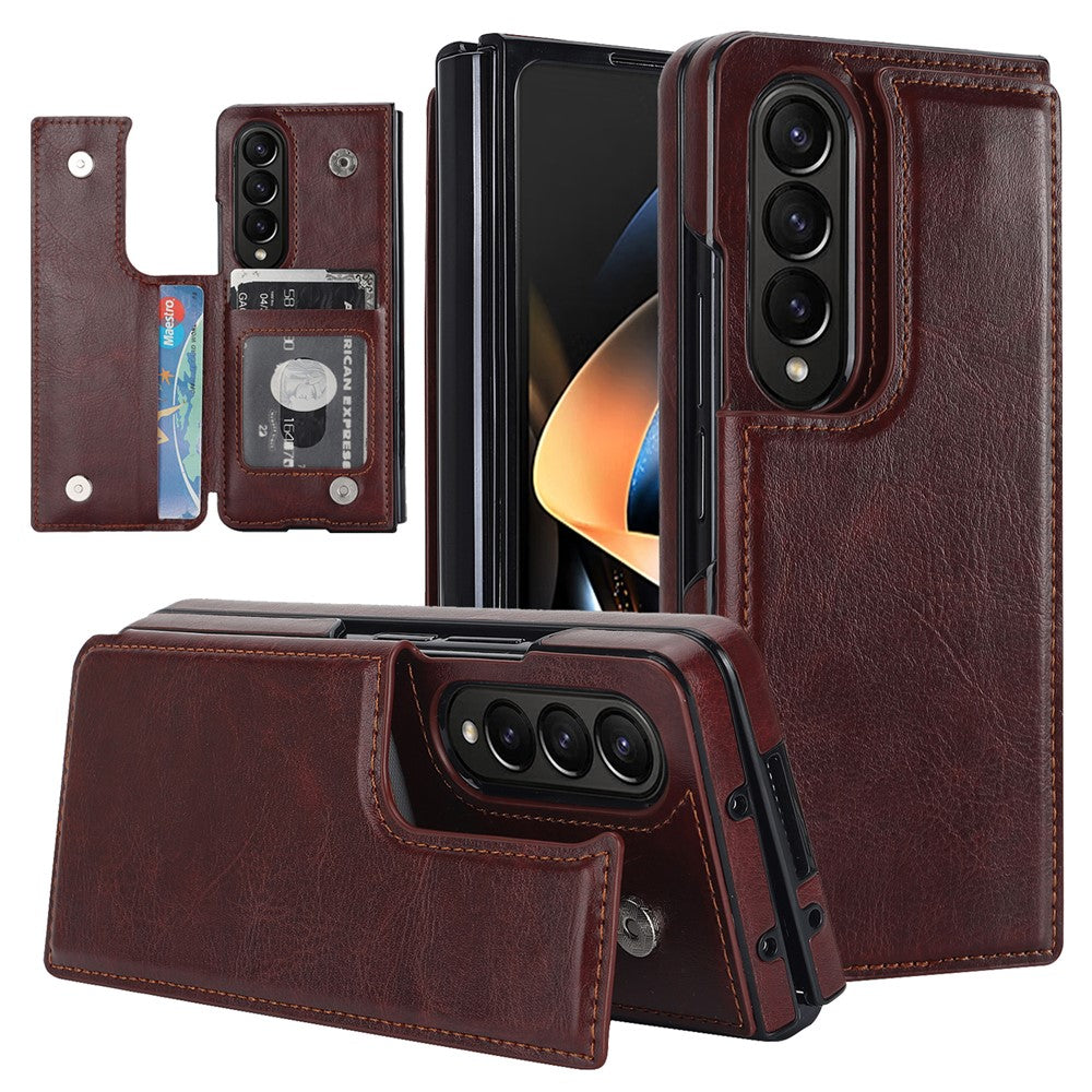 ZD018 Card Holder Phone Case for Samsung Galaxy Z Fold4 5G, PU Leather+PC Kickstand Double Magnetic Clasp Cover
