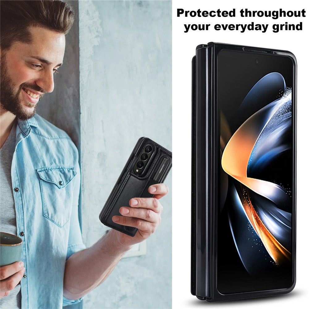 ZD019 Card Slots Kickstand Cover for Samsung Galaxy Z Fold4 5G , PU Leather+PC Folding Phone Case with Pen Holder
