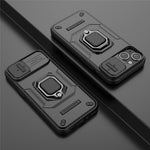 For iPhone 15 Plus Phone Case Drop Protection PC+TPU Kickstand Cover with Slide Camera Lid - Black