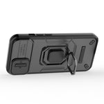For iPhone 15 Plus Phone Case Drop Protection PC+TPU Kickstand Cover with Slide Camera Lid - Black