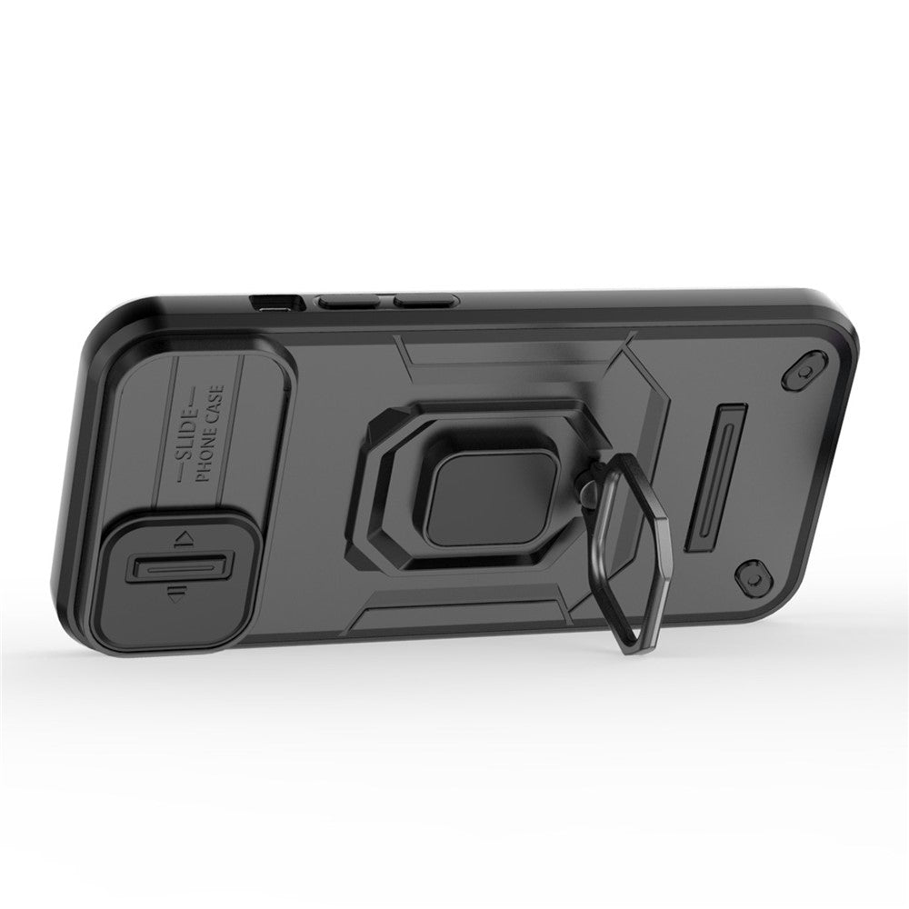 For iPhone 15 Plus Phone Case Drop Protection PC+TPU Kickstand Cover with Slide Camera Lid - Black