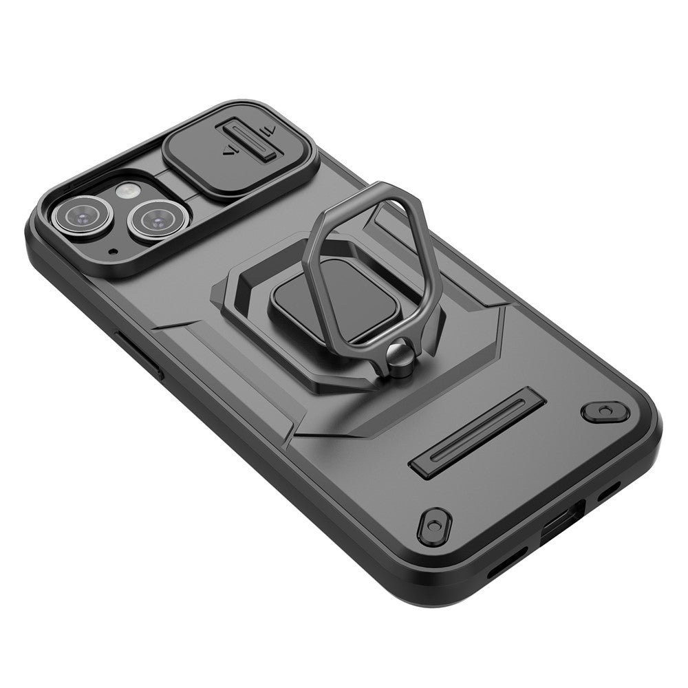 For iPhone 15 Plus Phone Case Drop Protection PC+TPU Kickstand Cover with Slide Camera Lid - Black