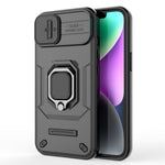 For iPhone 15 Plus Phone Case Drop Protection PC+TPU Kickstand Cover with Slide Camera Lid - Black