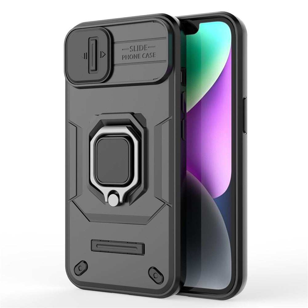 For iPhone 15 Plus Phone Case Drop Protection PC+TPU Kickstand Cover with Slide Camera Lid - Black