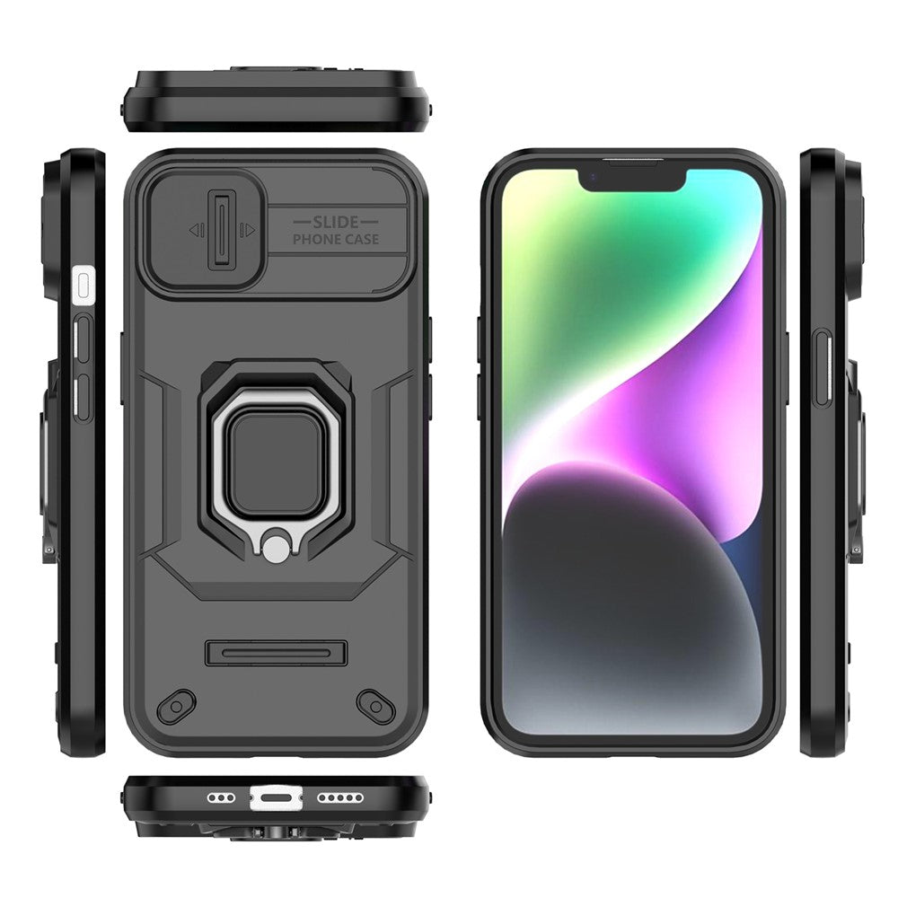 For iPhone 15 Plus Phone Case Drop Protection PC+TPU Kickstand Cover with Slide Camera Lid - Black