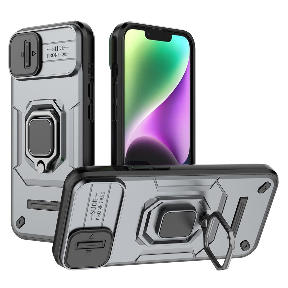 For iPhone 15 Plus Phone Case Drop Protection PC+TPU Kickstand Cover with Slide Camera Lid - Black