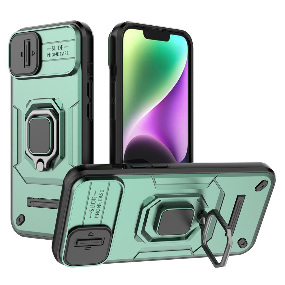 For iPhone 15 Plus Phone Case Drop Protection PC+TPU Kickstand Cover with Slide Camera Lid - Black