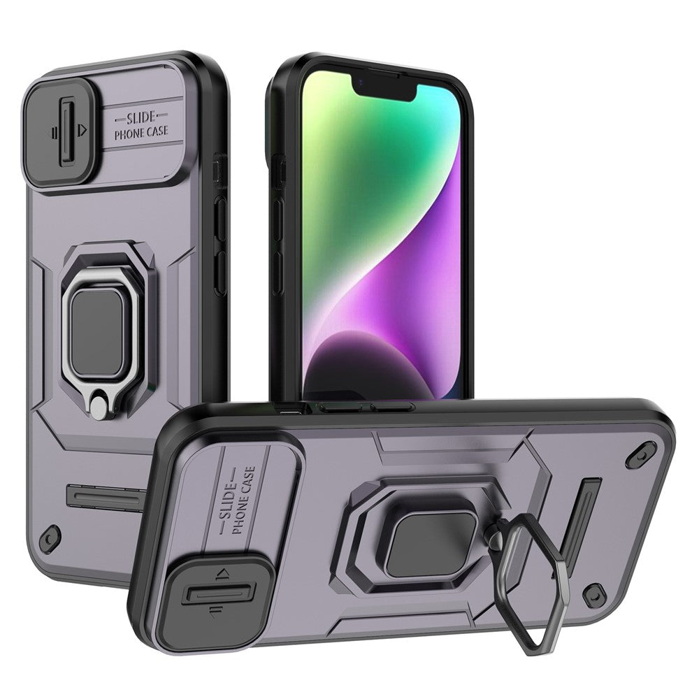 For iPhone 15 Plus Phone Case Drop Protection PC+TPU Kickstand Cover with Slide Camera Lid - Black