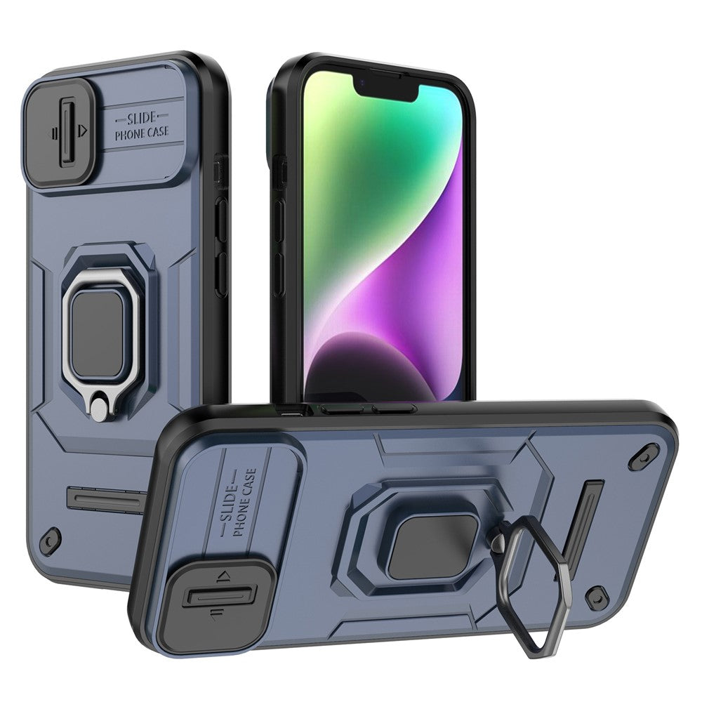 For iPhone 15 Plus Phone Case Drop Protection PC+TPU Kickstand Cover with Slide Camera Lid - Black