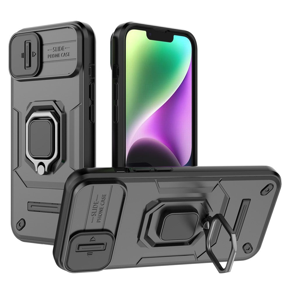 Til iPhone 15 PC+TPU Stødfast telefoncover med skydelinsbeskyttelse og støttefod
