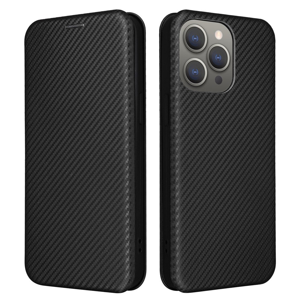 PU Leather Card Holder Phone Case for iPhone 15 Pro , Carbon Fiber Texture Stand Cover