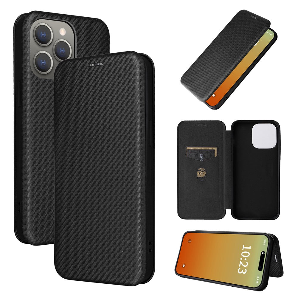 PU Leather Card Holder Phone Case for iPhone 15 Pro , Carbon Fiber Texture Stand Cover