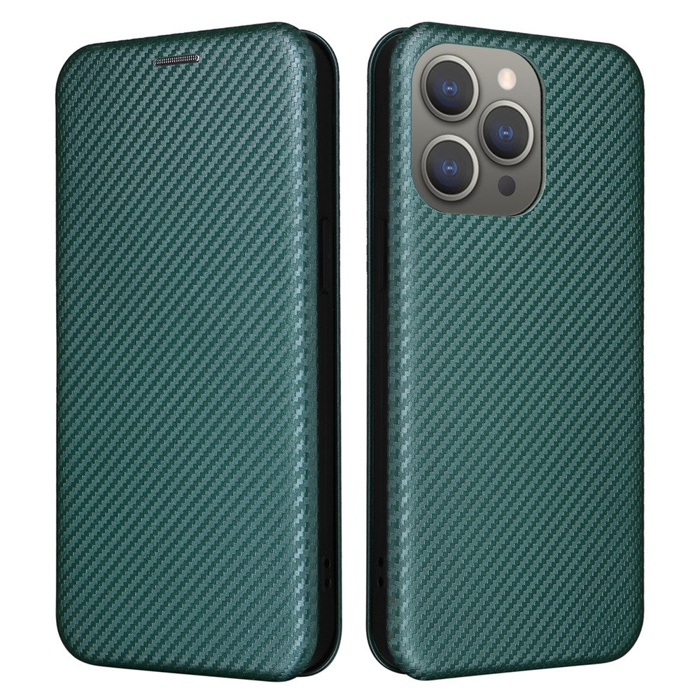 PU Leather Card Holder Phone Case for iPhone 15 Pro , Carbon Fiber Texture Stand Cover