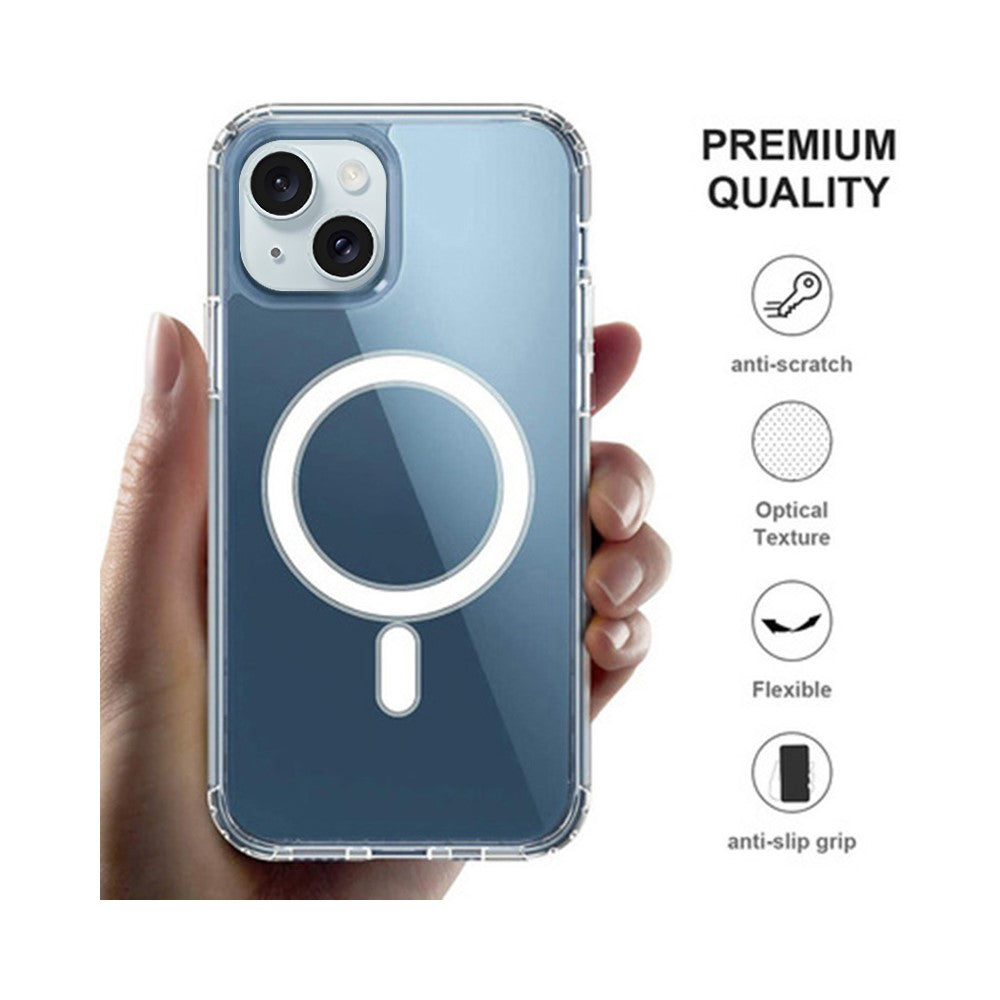 For iPhone 15 Plus Shockproof Back Case Compatible with MagSafe Transparent TPU Phone Cover