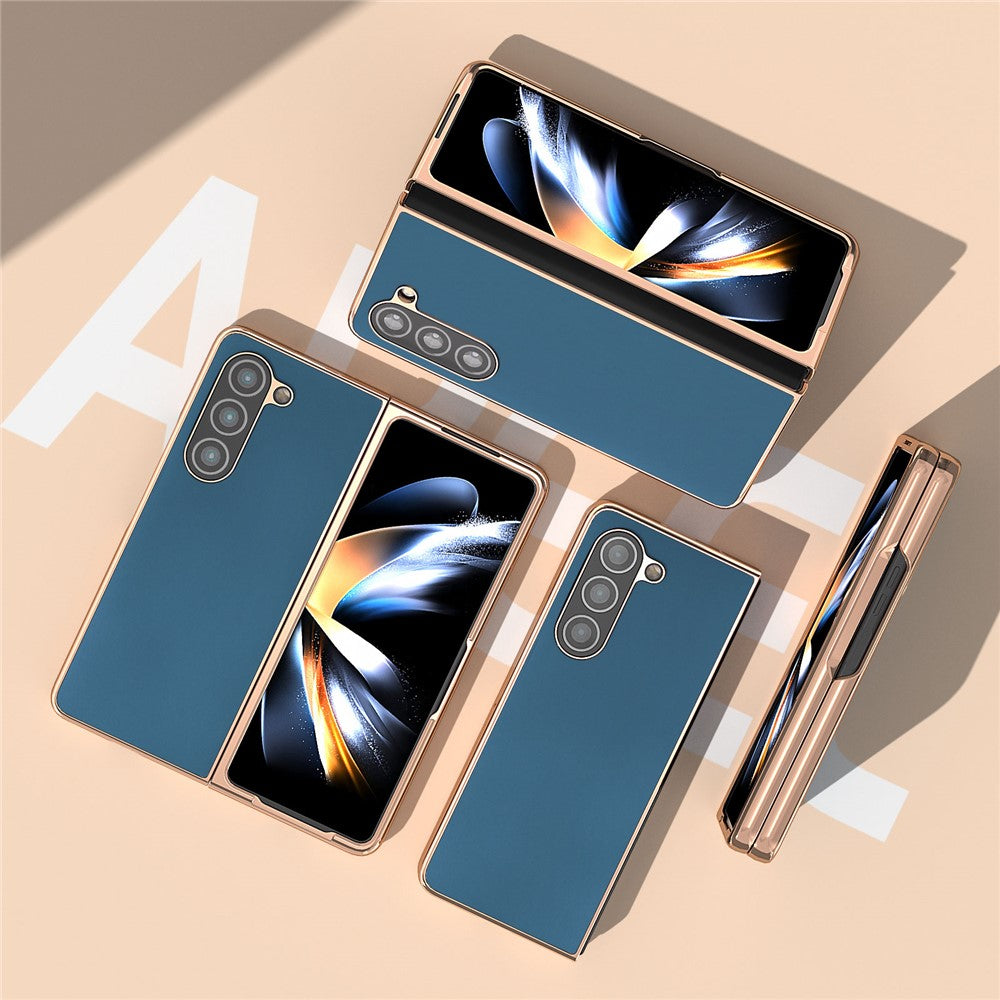 For Samsung Galaxy Z Fold5 5G Silky Feeling Phone Case Genuine Cow Leather + PC Electroplating Cover