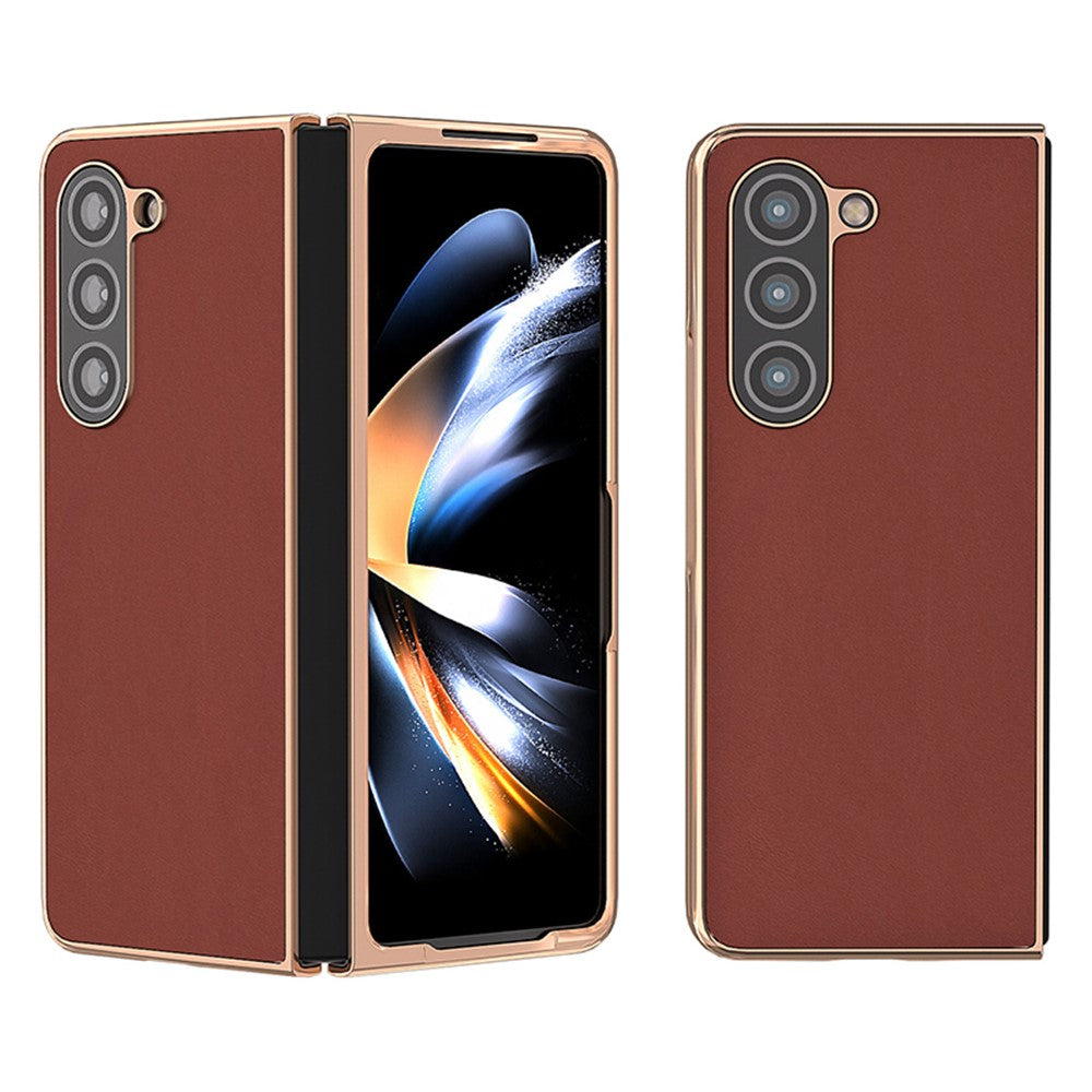 For Samsung Galaxy Z Fold5 5G Silky Feeling Phone Case Genuine Cow Leather + PC Electroplating Cover