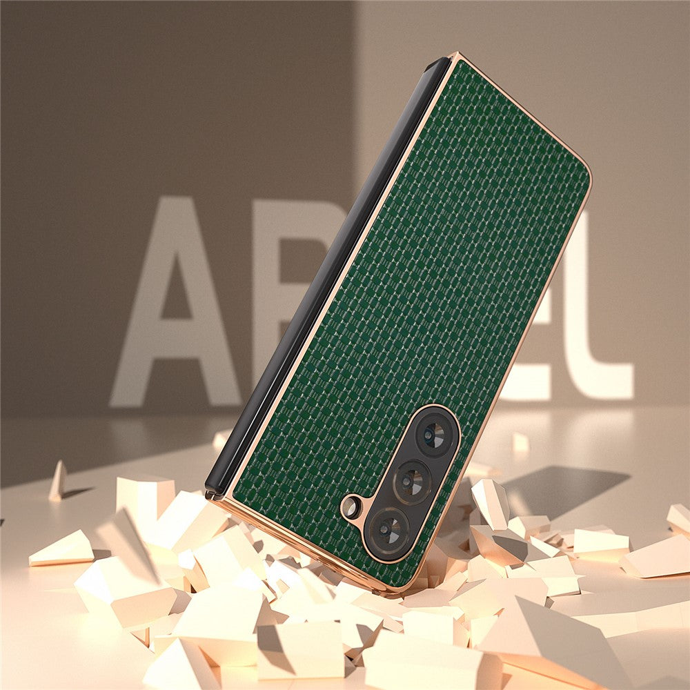 Til Samsung Galaxy Z Fold5 5G Elektroplettering Bagcover Ægte Koskind + PC Luksuriøst Tekstur Telefoncover