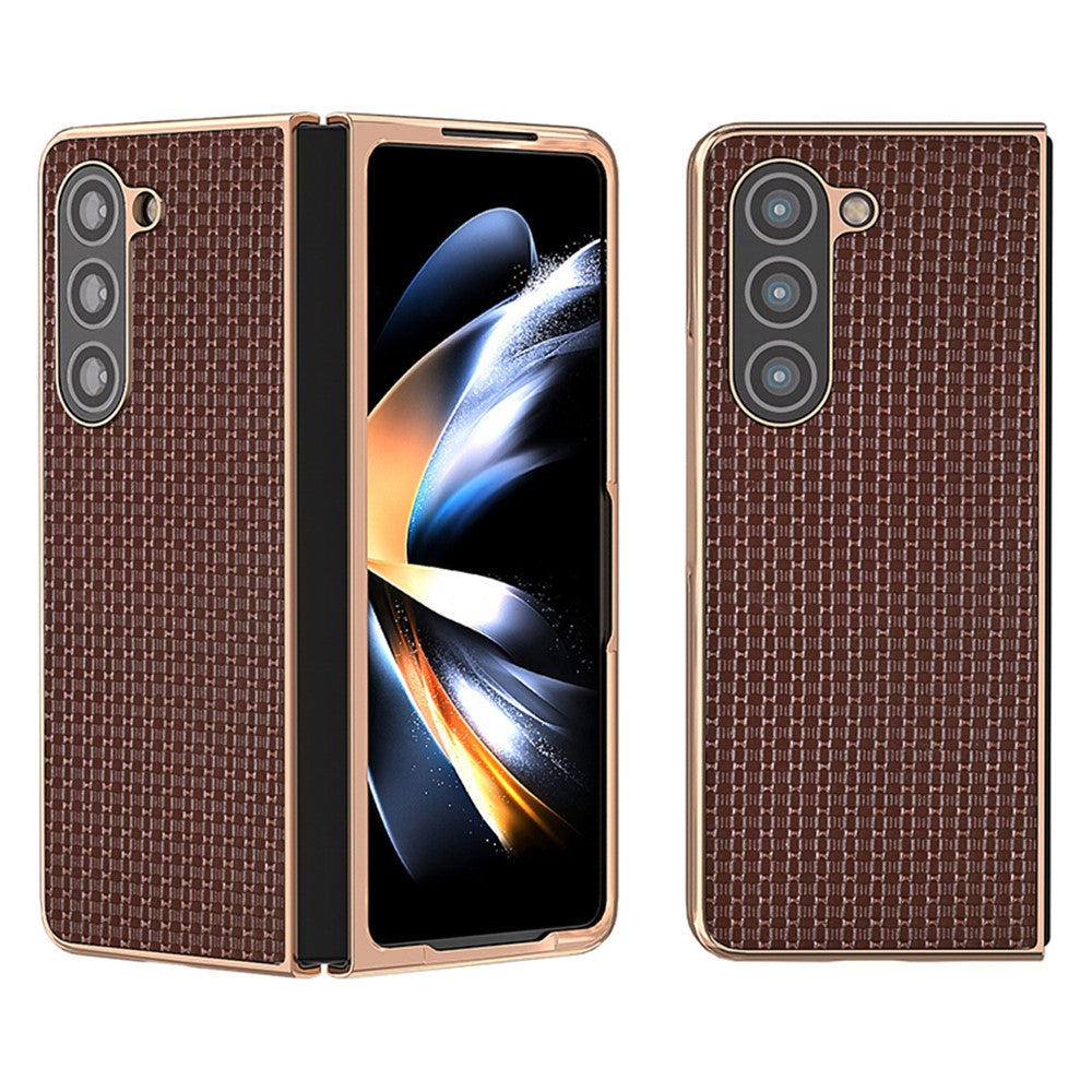 Til Samsung Galaxy Z Fold5 5G Elektroplettering Bagcover Ægte Koskind + PC Luksuriøst Tekstur Telefoncover