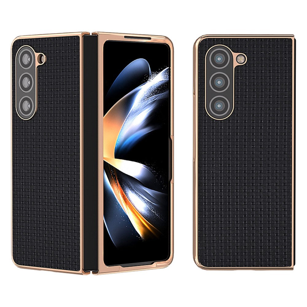 Til Samsung Galaxy Z Fold5 5G Elektroplettering Bagcover Ægte Koskind + PC Luksuriøst Tekstur Telefoncover