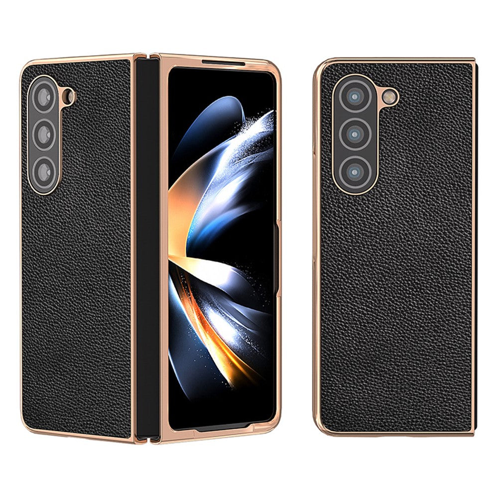 For Samsung Galaxy Z Fold5 5G Electroplating Phone Case Genuine Cow Leather + PC Litchi Texture Cover