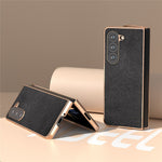 For Samsung Galaxy Z Fold5 5G Electroplating Phone Case Genuine Cow Leather + PC Litchi Texture Cover