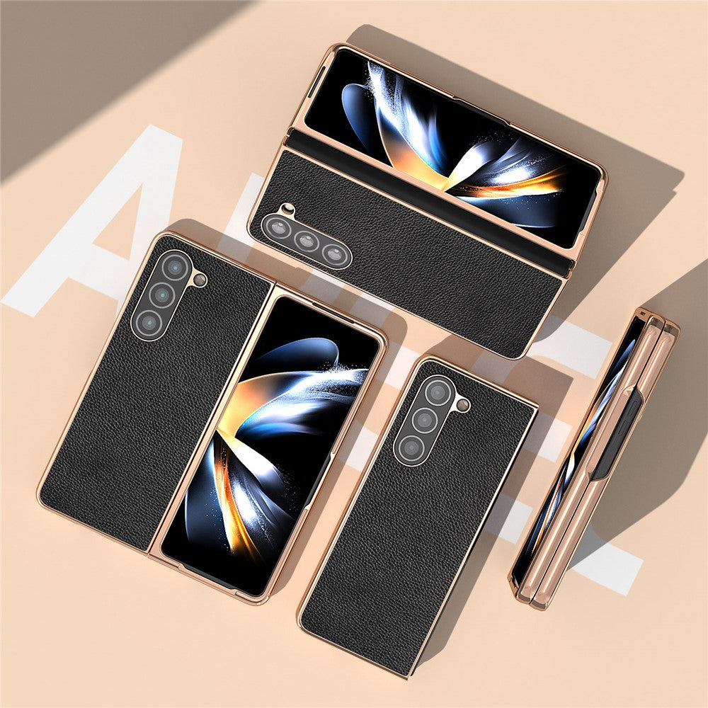 For Samsung Galaxy Z Fold5 5G Electroplating Phone Case Genuine Cow Leather + PC Litchi Texture Cover