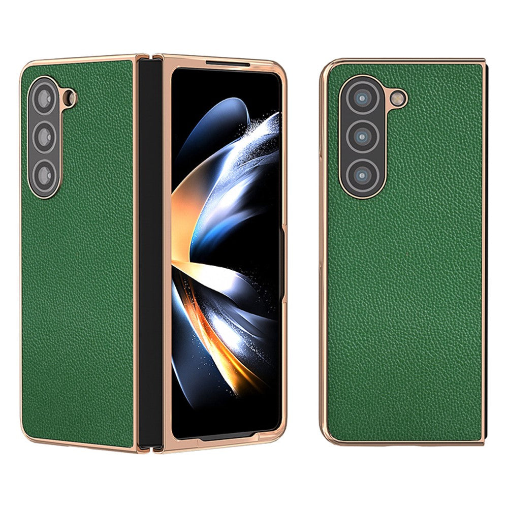 For Samsung Galaxy Z Fold5 5G Electroplating Phone Case Genuine Cow Leather + PC Litchi Texture Cover