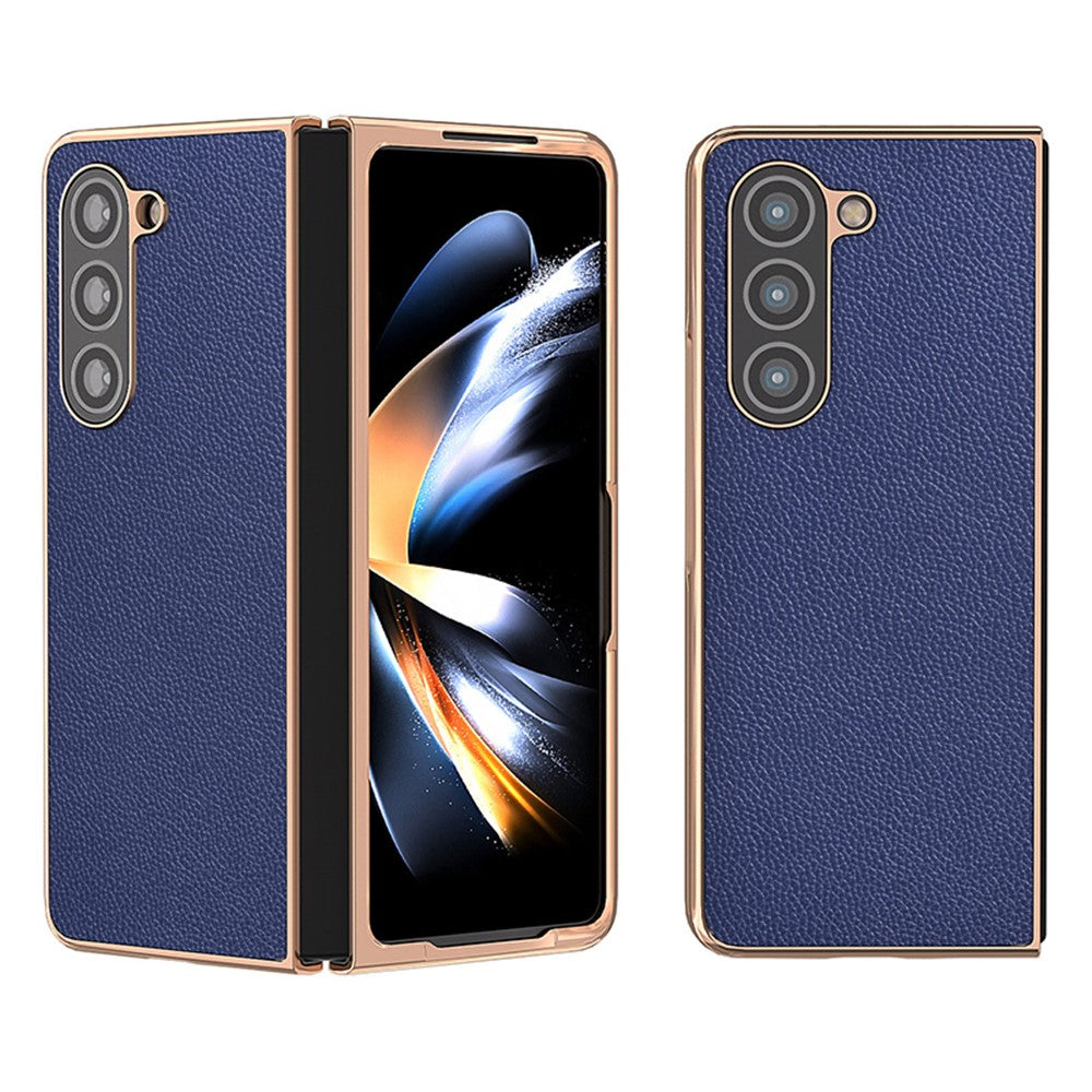 For Samsung Galaxy Z Fold5 5G Electroplating Phone Case Genuine Cow Leather + PC Litchi Texture Cover