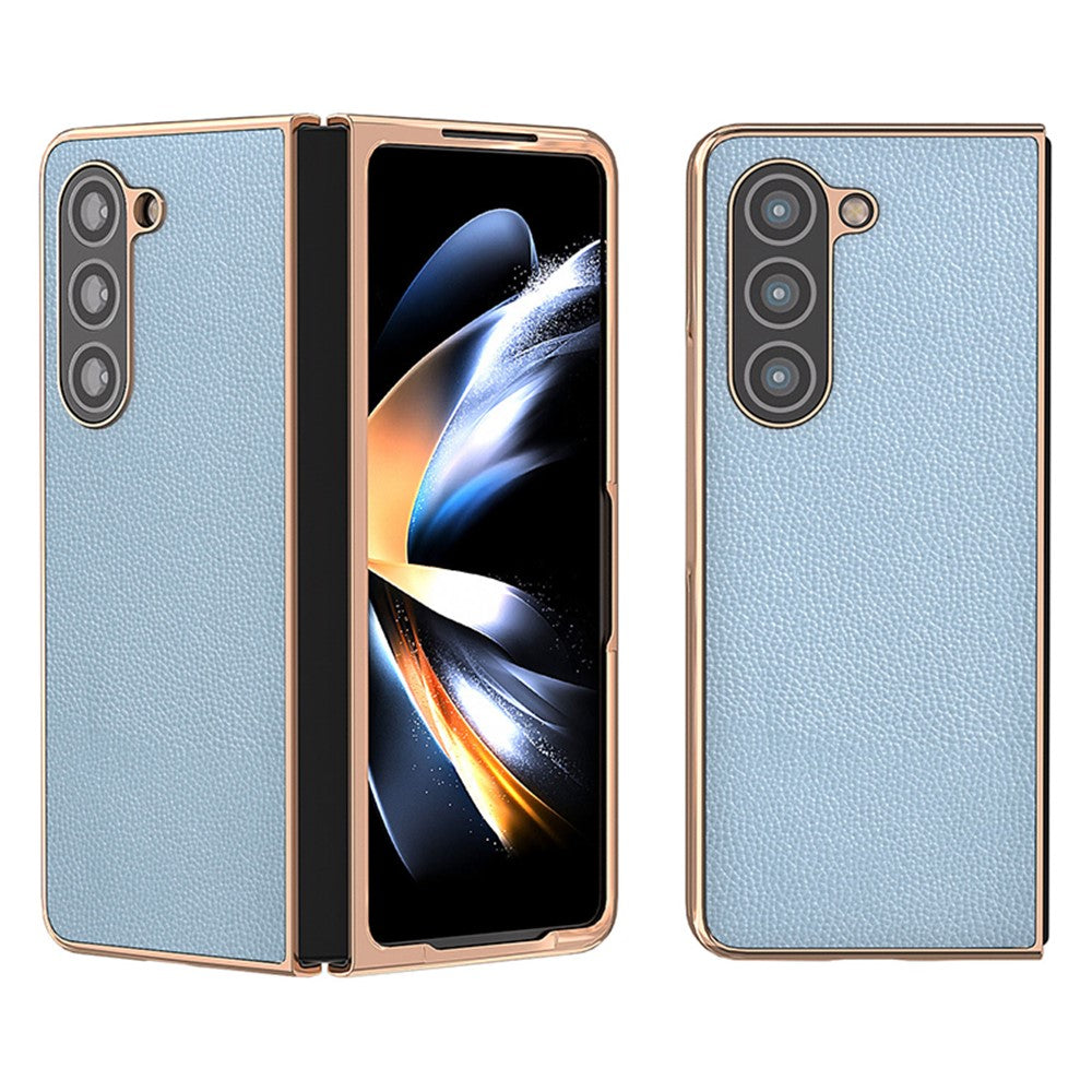 For Samsung Galaxy Z Fold5 5G Electroplating Phone Case Genuine Cow Leather + PC Litchi Texture Cover